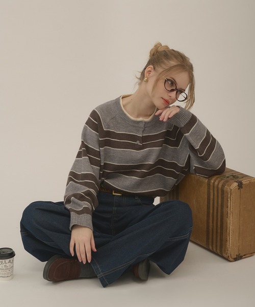 hazyl（ヘイジル）の「henryneck border knit / ヘンリーネックボーダーニット（ニット/セーター・レディース・グレー/グレー系その他・フリー）」の14枚目の写真