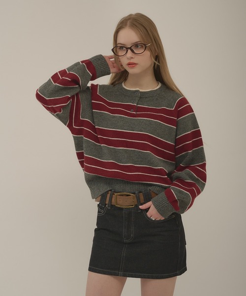 hazyl（ヘイジル）の「henryneck border knit / ヘンリーネックボーダーニット（ニット/セーター・レディース・グレー/グレー系その他・フリー）」の18枚目の写真