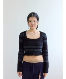COLOCYNTH（コロシント）の「SquareNeck Crop Knit Black   Blue Stripe（ニット/セーター）」