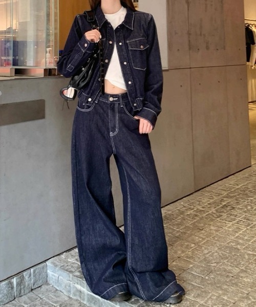 上下2点セット】デニムジャケット＋デニムワイドパンツ