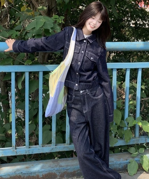 上下2点セット】デニムジャケット＋デニムワイドパンツ