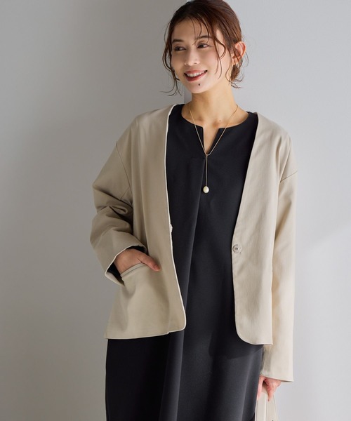 studio CLIP（スタディオクリップ）の「【WEB限定】楽ストレッチボタンジャケット[プラスサイズあり]《オケージョン2026SS》（ノーカラージャケット・レディース・ブラック/ライトベージュ/ネイビー・MEDIUM/LARGE/ﾌﾘｰ(L)）」の11枚目の写真