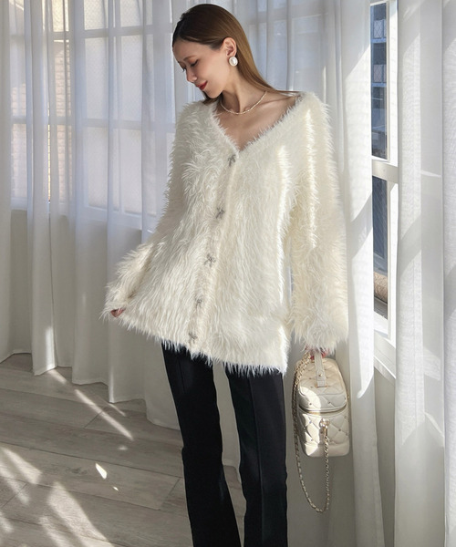 ROYAL PARTY（ロイヤルパーティー）の「リボン釦シャギーミドルカーディガン（カーディガン/ボレロ・レディース・グレー/ピンク/オフホワイト・FREE）」の12枚目の写真