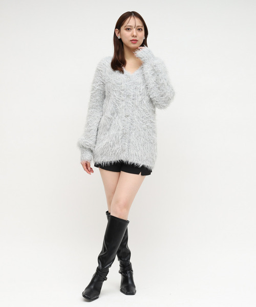 ROYAL PARTY（ロイヤルパーティー）の「リボン釦シャギーミドルカーディガン（カーディガン/ボレロ・レディース・グレー/ピンク/オフホワイト・FREE）」の11枚目の写真