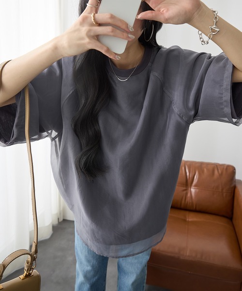 ReDial(リダイアル)の「オーガンジー重ねTシャツ(Tシャツ/カットソー・レディース・チャコールグレー/オフホワイト/ブラック/グレイッシュベージュ・L/M)」の22枚目の写真