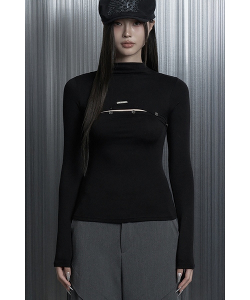 On-Off Button Split Long Sleeve Tee (Black) | 激安通販のイーサプライ