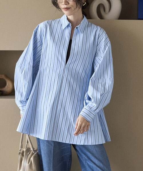 Firsthand（ファーストハンド）の「Firsthand/ファーストハンド フレアシルエット スキッパー バルーンスリーブ シャツ（シャツ/ブラウス・レディース・ミント/ホワイト/ブラック/サックスブルー・FREE）」の4枚目の写真