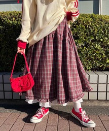 フリルレイヤードチェックロングスカート