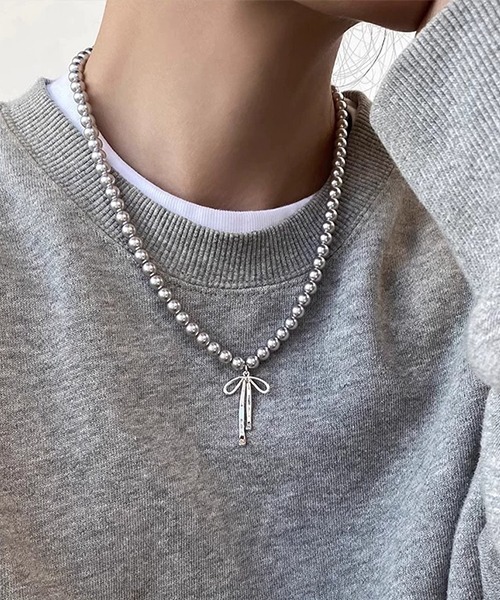 リボンモチーフ パールネックレス / グレーパール シルバーカラー ユニ