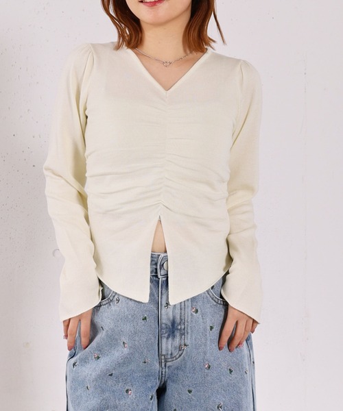 archives(アルシーヴ)の「【高機能】フロントギャザーVネックニットプルオーバー(ニット/セーター・レディース・グレー/ブルー/アイボリー/ブラック・MEDIUM)」の2枚目の写真