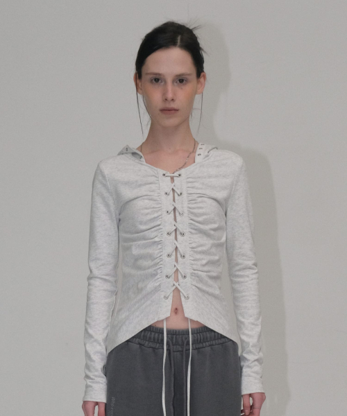 Shirring Lace Up Hoodie [Melange White] — худи с шнуровкой, меланжевый белый
