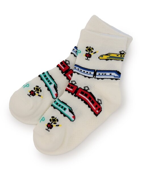 kladskap（クレードスコープ）の「電車柄ショートソックス（ソックス/靴下・キッズ・ネイビー/オフホワイト・L(18-20cm)/M(16-18cm)/S(13-15cm)/11-13cm）」の2枚目の写真