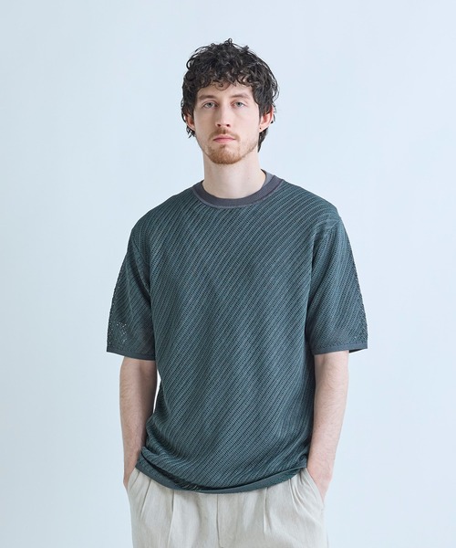 MEN'S BIGI(メンズビギ)の「クルーネックバイアスメッシュニット半袖Tシャツ(Tシャツ/カットソー・メンズ・ネイビー/グリーン/ライトグレー・03/02)」の2枚目の写真