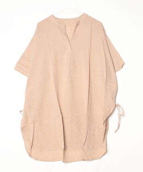 mitis(ミティス)の「mitis 綿麻ミックス サイドリボン スキッパーブラウス 半袖 チュニック(シャツ/ブラウス・レディース・チャコール/ベージュ/キナリ/カーキ・M)」の1枚目の写真
