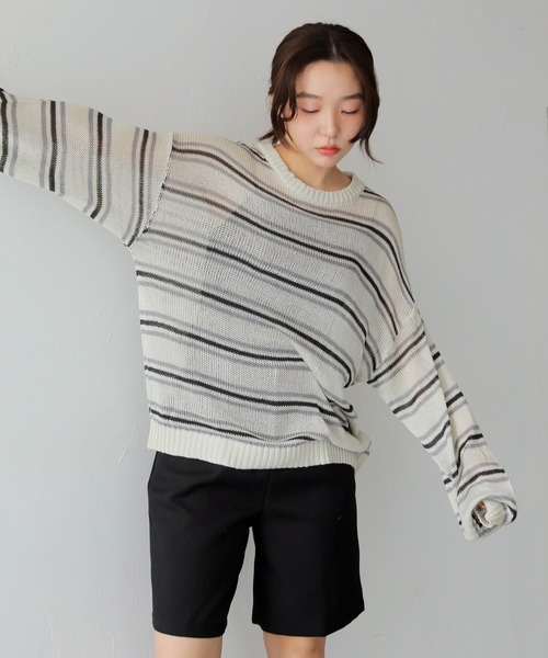 cheriella(シェリエラ)の「【cheriella】シアーボーダーニットトップス SHEER BORDER KNIT TOPS(ニット/セーター・レディース・アイボリー/ブルー・FREE)」の7枚目の写真