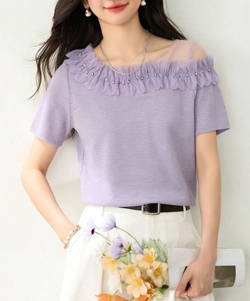 AMAJI(アマジ)の「フレンチ風 チュールオフショルダー フリル半袖トップス 花モチーフ(Tシャツ/カットソー・レディース・ホワイト/パープル・X-LARGE/LARGE/MEDIUM/SMALL)」の5枚目の写真