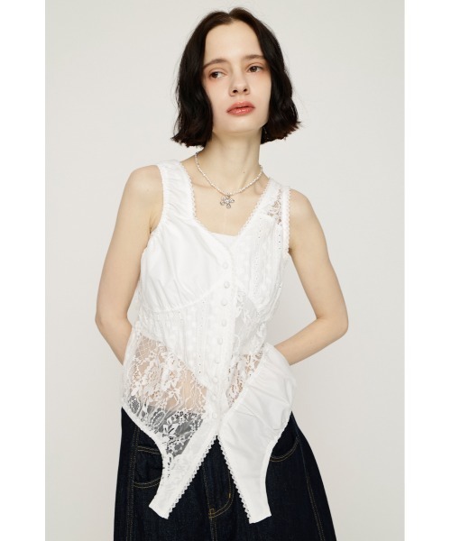SLY(スライ)の「ASYMMETRY PATCHWORK LACE GILET アシンメトリーパッチワークレースジレ 春服 夏服(シャツ/ブラウス・レディース・オフホワイト/ブラック・FREE)」の3枚目の写真