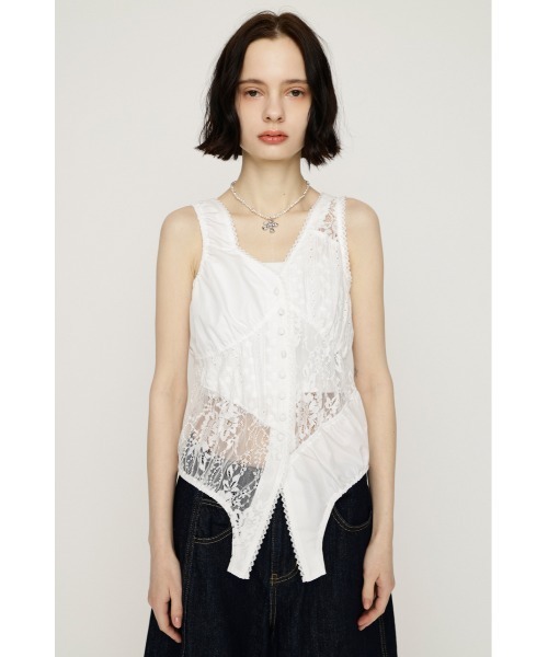 SLY(スライ)の「ASYMMETRY PATCHWORK LACE GILET アシンメトリーパッチワークレースジレ 春服 夏服(シャツ/ブラウス・レディース・オフホワイト/ブラック・FREE)」の5枚目の写真