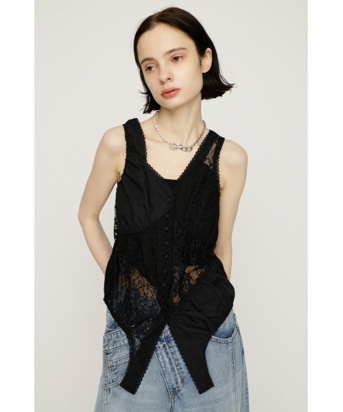 SLY(スライ)の「ASYMMETRY PATCHWORK LACE GILET アシンメトリーパッチワークレースジレ 春服 夏服(シャツ/ブラウス・レディース・オフホワイト/ブラック・FREE)」の11枚目の写真
