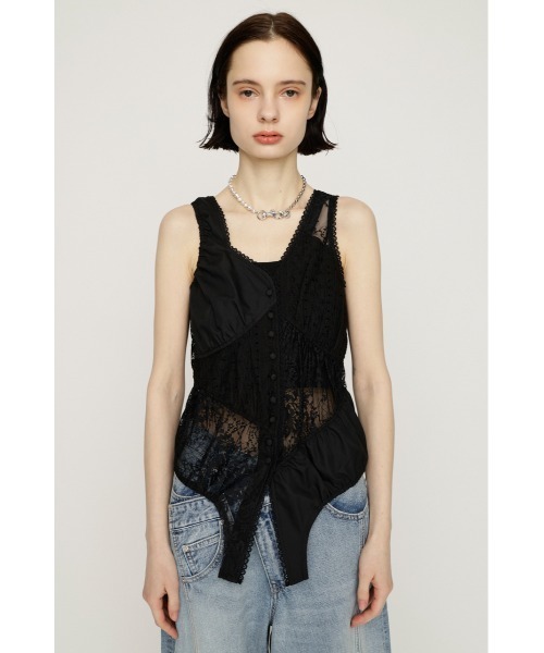 SLY(スライ)の「ASYMMETRY PATCHWORK LACE GILET アシンメトリーパッチワークレースジレ 春服 夏服(シャツ/ブラウス・レディース・オフホワイト/ブラック・FREE)」の14枚目の写真