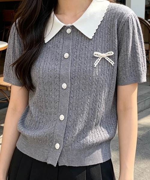SHOUYO(ショウヨウ)の「配色襟リボンデザイン 半袖ニットカーディガン(Tシャツ/カットソー・レディース・ホワイト/グレー・M)」の1枚目の写真