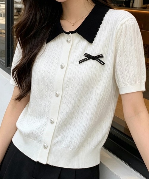 SHOUYO(ショウヨウ)の「配色襟リボンデザイン 半袖ニットカーディガン(Tシャツ/カットソー・レディース・ホワイト/グレー・M)」の2枚目の写真