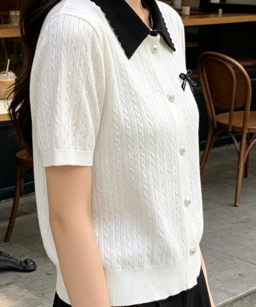 SHOUYO(ショウヨウ)の「配色襟リボンデザイン 半袖ニットカーディガン(Tシャツ/カットソー・レディース・ホワイト/グレー・M)」の3枚目の写真