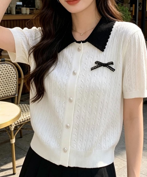 SHOUYO(ショウヨウ)の「配色襟リボンデザイン 半袖ニットカーディガン(Tシャツ/カットソー・レディース・ホワイト/グレー・M)」の4枚目の写真