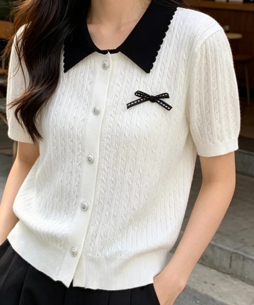 SHOUYO(ショウヨウ)の「配色襟リボンデザイン 半袖ニットカーディガン(Tシャツ/カットソー・レディース・ホワイト/グレー・M)」の5枚目の写真