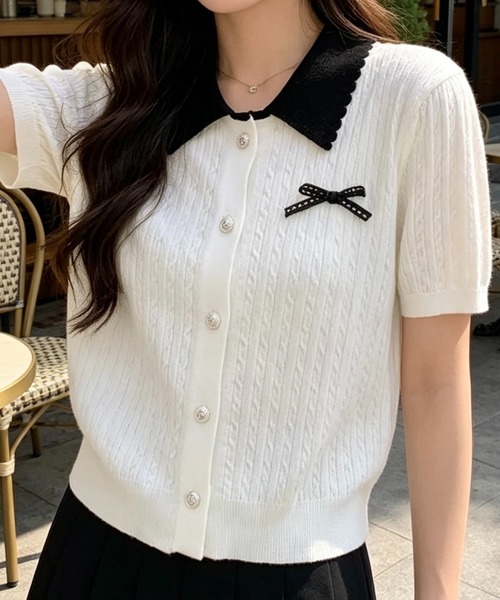 SHOUYO(ショウヨウ)の「配色襟リボンデザイン 半袖ニットカーディガン(Tシャツ/カットソー・レディース・ホワイト/グレー・M)」の6枚目の写真