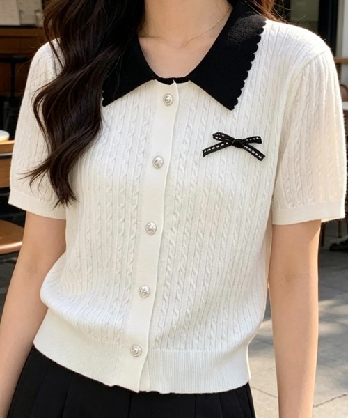 SHOUYO(ショウヨウ)の「配色襟リボンデザイン 半袖ニットカーディガン(Tシャツ/カットソー・レディース・ホワイト/グレー・M)」の7枚目の写真