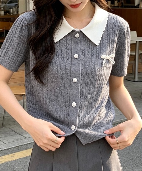 SHOUYO(ショウヨウ)の「配色襟リボンデザイン 半袖ニットカーディガン(Tシャツ/カットソー・レディース・ホワイト/グレー・M)」の8枚目の写真