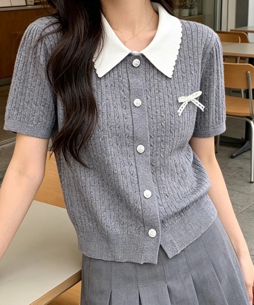 SHOUYO(ショウヨウ)の「配色襟リボンデザイン 半袖ニットカーディガン(Tシャツ/カットソー・レディース・ホワイト/グレー・M)」の9枚目の写真