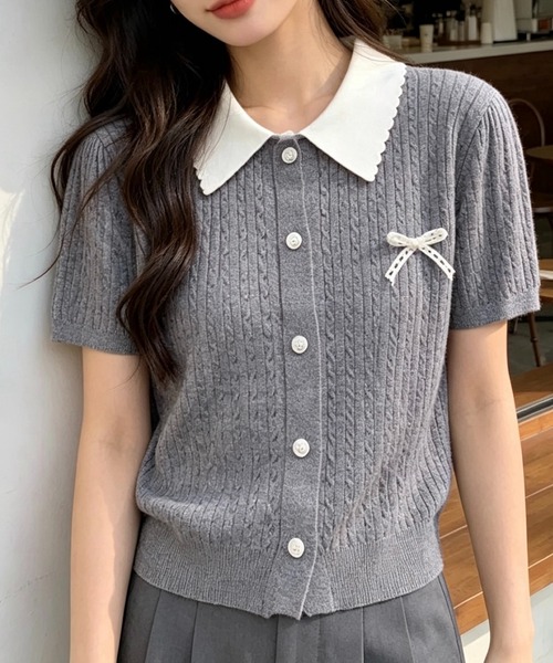 SHOUYO(ショウヨウ)の「配色襟リボンデザイン 半袖ニットカーディガン(Tシャツ/カットソー・レディース・ホワイト/グレー・M)」の10枚目の写真