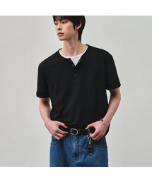 リブドスナップヘンリーネッククロップハーフTシャツ[ブラック]