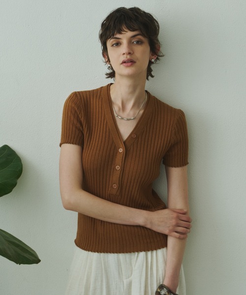 Plumel(プルメル)の「V-Neck Rib Knit T Tops / VネックリブニットTトップス(ニット/セーター・レディース・ブラウン/アイボリー/ライトブルー・MEDIUM)」の5枚目の写真