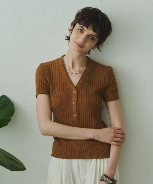 Plumel(プルメル)の「V-Neck Rib Knit T Tops / VネックリブニットTトップス(ニット/セーター・レディース・ブラウン/アイボリー/ライトブルー・MEDIUM)」の6枚目の写真