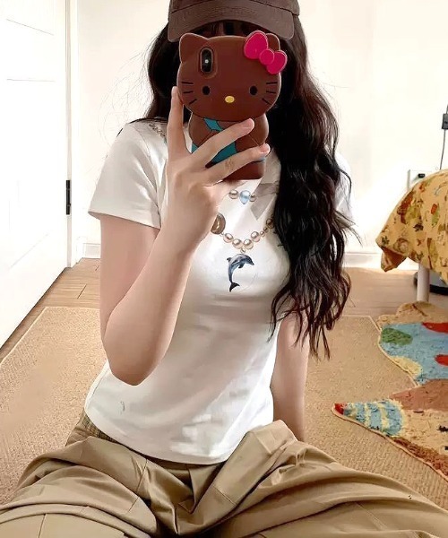 SHEENA（シーナ）の「パールネックレスプリントフィットTシャツ（Tシャツ/カットソー・レディース・ホワイト/ブラック・M）」の9枚目の写真