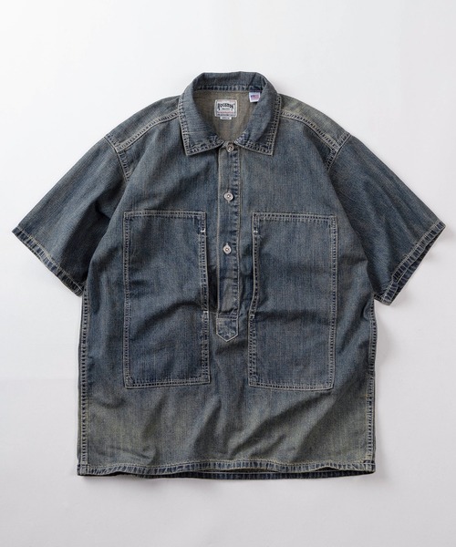 HOUSTON（ヒューストン）の「【86】【HOUSTON/ヒューストン】USAコットン デニム プルオーバー 半袖シャツ アメカジ（シャツ/ブラウス・メンズ・ワンウォッシュ/ブルー/ライトブルー・XL/L/M）」の2枚目の写真