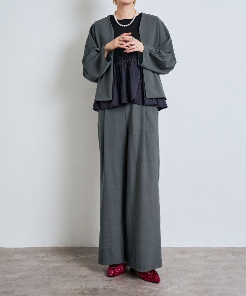 W:Huku（フーク）の「【W:Huku / イージーライトシリーズ】ノーカラー ドルマン ジャケット（ノーカラージャケット・レディース・オフホワイト/チャコール/ブラウン・FREE）」の8枚目の写真