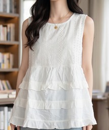 レースブラウス ノースリーブ ティアードフリル ペプラム 体型カバー 大人かわいい フェミニン 夏