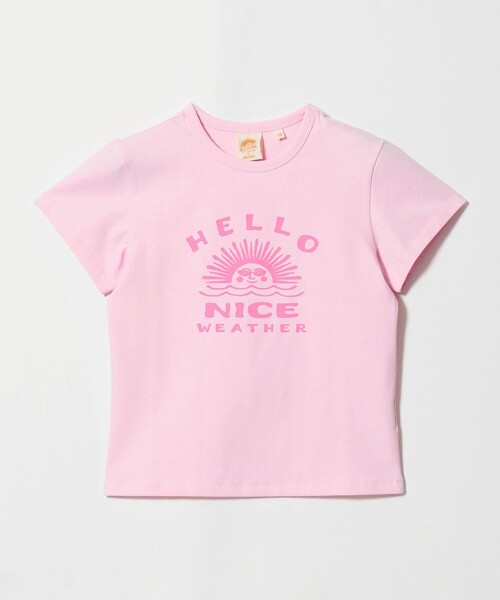 NICE WEATHER(ナイスウェザー)の「【別注】<HELLO SUNRISE>ウィメンズ ロゴプリント Tシャツ(Tシャツ/カットソー・レディース・ライトピンク/ホワイト・M/S)」の1枚目の写真
