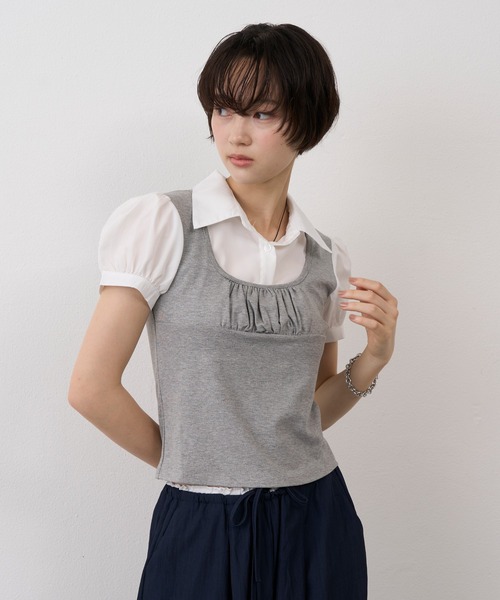 NUJOH(ヌゾ)の「Layered Bustier Puff Check Top / レイヤードビスチェパフチェックトップ(シャツ/ブラウス・レディース・グレー/ブラック・FREE)」の1枚目の写真