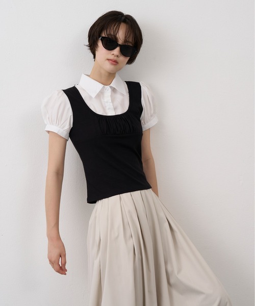 NUJOH(ヌゾ)の「Layered Bustier Puff Check Top / レイヤードビスチェパフチェックトップ(シャツ/ブラウス・レディース・グレー/ブラック・FREE)」の2枚目の写真