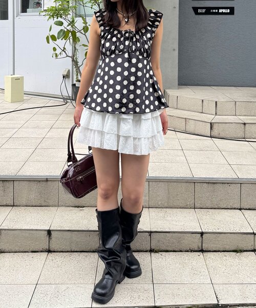CIAOPANIC(チャオパニック)の「(ドット柄/花柄)ショルダーギャザーベロアビスチェ(Tシャツ/カットソー・レディース・ベージュ/レッド系その他/オレンジ/ブラック系その他/レッド/ブラック・ONE SIZE)」の14枚目の写真