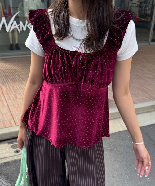 CIAOPANIC(チャオパニック)の「(ドット柄/花柄)ショルダーギャザーベロアビスチェ(Tシャツ/カットソー・レディース・ベージュ/レッド系その他/オレンジ/ブラック系その他/レッド/ブラック・ONE SIZE)」の14枚目の写真