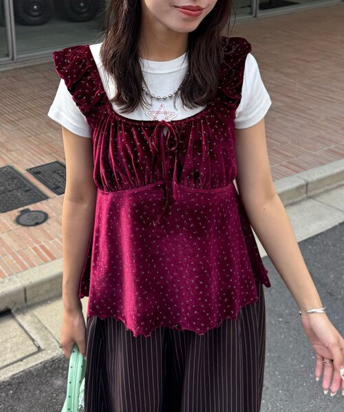 CIAOPANIC(チャオパニック)の「(ドット柄/花柄)ショルダーギャザーベロアビスチェ(Tシャツ/カットソー・レディース・ベージュ/レッド系その他/オレンジ/ブラック系その他/レッド/ブラック・ONE SIZE)」の15枚目の写真