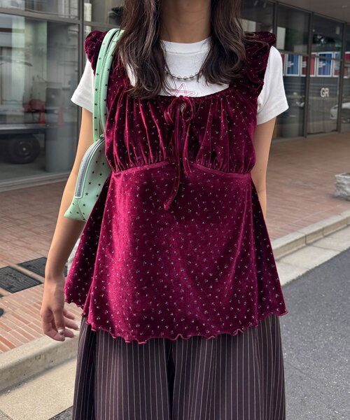 CIAOPANIC(チャオパニック)の「(ドット柄/花柄)ショルダーギャザーベロアビスチェ(Tシャツ/カットソー・レディース・ベージュ/レッド系その他/オレンジ/ブラック系その他/レッド/ブラック・ONE SIZE)」の16枚目の写真