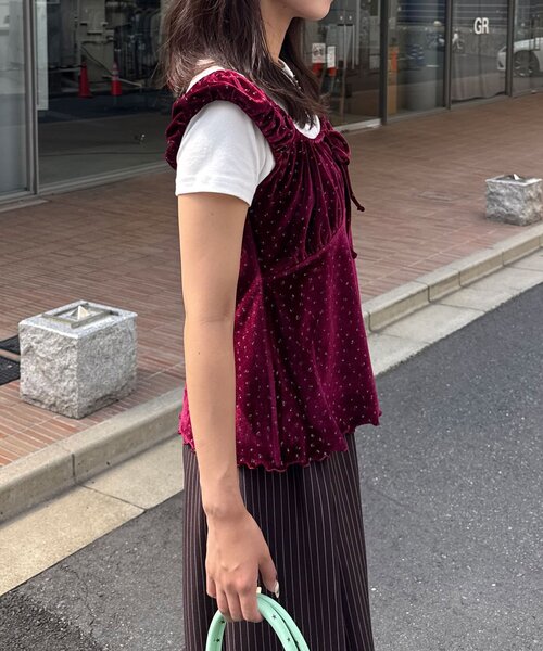 CIAOPANIC(チャオパニック)の「(ドット柄/花柄)ショルダーギャザーベロアビスチェ(Tシャツ/カットソー・レディース・ベージュ/レッド系その他/オレンジ/ブラック系その他/レッド/ブラック・ONE SIZE)」の17枚目の写真