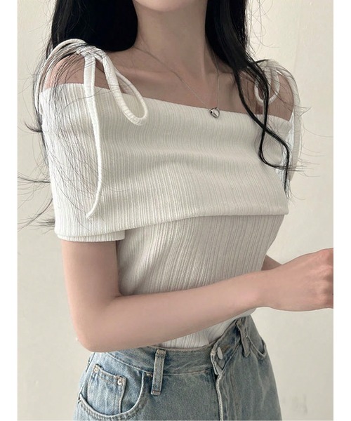 FREE STYLISTS(フリー スタイリスト)の「オフショルダー リボンタイ ニット トップス(Tシャツ/カットソー・レディース・ホワイト・M/S)」の9枚目の写真